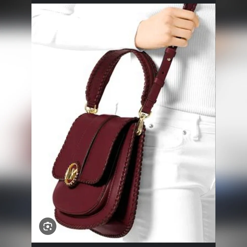 Michael Kors Wine Leather Crossbody with Gold MK Emblem